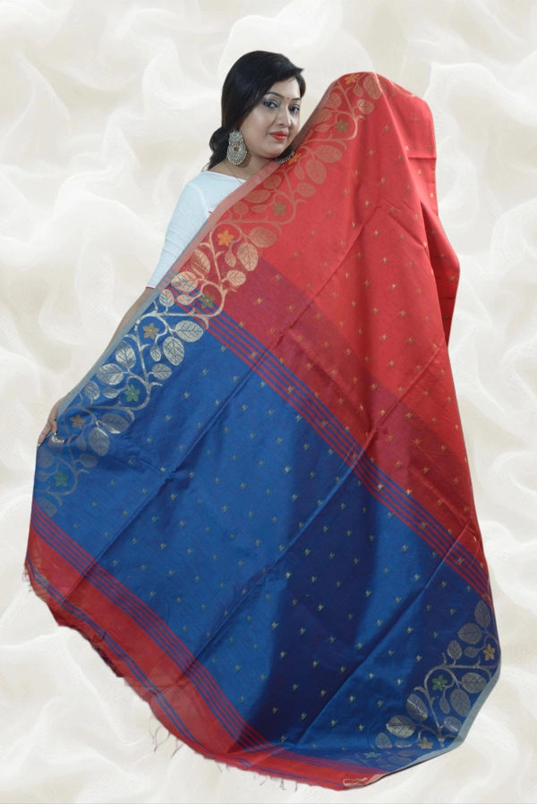 SKU0414 :  Elegant Poly Cotton Saree – Lightweight & Comfortable Daily Wear  - Normal Length 6.3 mtr Plus, Red, Buti / Booti, Dry Clean Only, Yes
