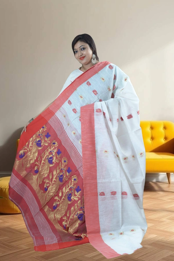 SKU0417 : Elegant Poly Cotton Saree – Lightweight & Comfortable Daily Wear  - Normal Length 6.3 mtr Plus, White, Buti / Booti, Dry Clean Only, Yes