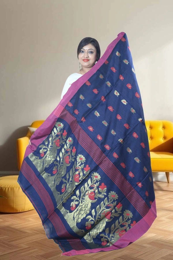 SKU0418 : Elegant Poly Cotton Saree – Lightweight & Comfortable Daily Wear  - Normal Length 6.3 mtr Plus, Navy Blue, Buti / Booti, Dry Clean Only, Yes
