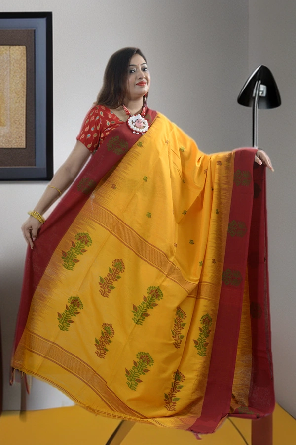 SKU-0385 : Pure Khadi Cotton Saree – Handwoven, Lightweight & Breathable Fabric  - Normal Length 6.3 mtr Plus, Golden Yellow, Buti / Booti, Hand Wash, Yes