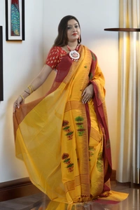SKU-0385 : Pure Khadi Cotton Saree – Handwoven, Lightweight & Breathable Fabric  - Normal Length 6.3 mtr Plus, Golden Yellow, Buti / Booti, Hand Wash, Yes