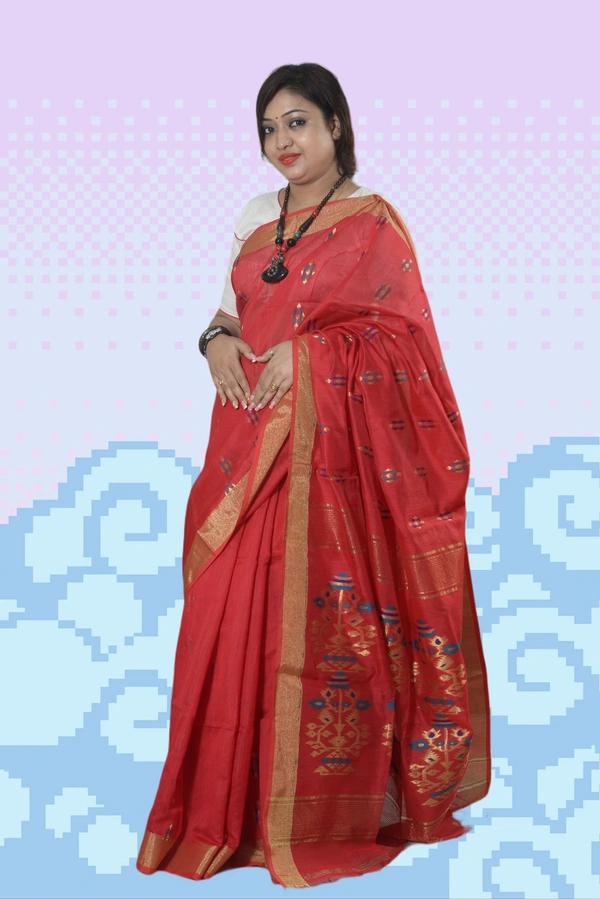 SKU0423 :  Elegant Poly Cotton Saree – Lightweight & Comfortable Daily Wear  - Normal Length 6.3 mtr Plus, Red, Buti / Booti, Dry Clean Only, Yes