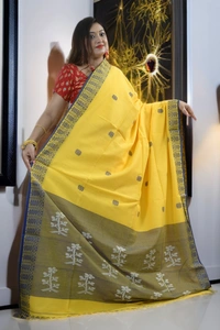 SKU0386 : Pure Khadi Cotton Saree – Handwoven, Lightweight & Breathable Fabric  - Normal Length 6.3 mtr Plus, Yellow, Buti / Booti, Hand Wash, Yes