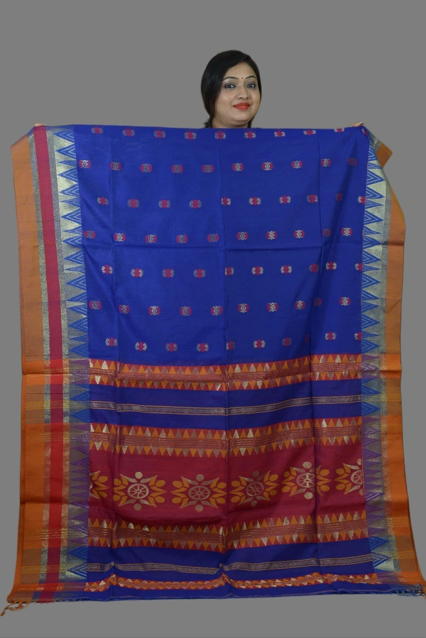 SKU0431 :   Elegant Poly Cotton Saree – Lightweight & Comfortable Daily Wear  - Normal Length 6.3 mtr Plus, Blue, Buti / Booti, Dry Clean Only, Yes