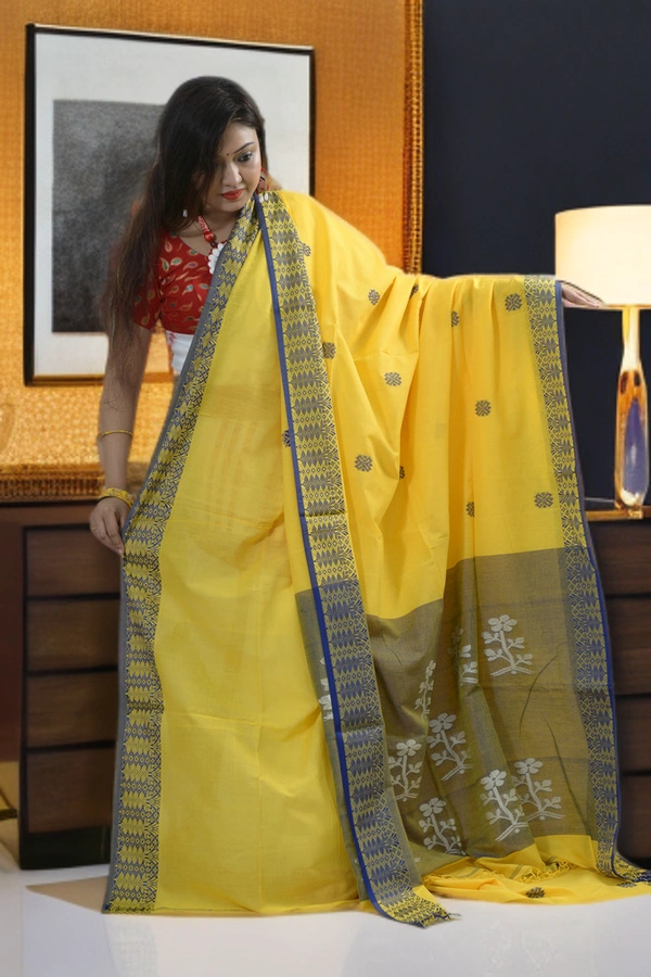 SKU0386 : Pure Khadi Cotton Saree – Handwoven, Lightweight & Breathable Fabric  - Normal Length 6.3 mtr Plus, Yellow, Buti / Booti, Hand Wash, Yes