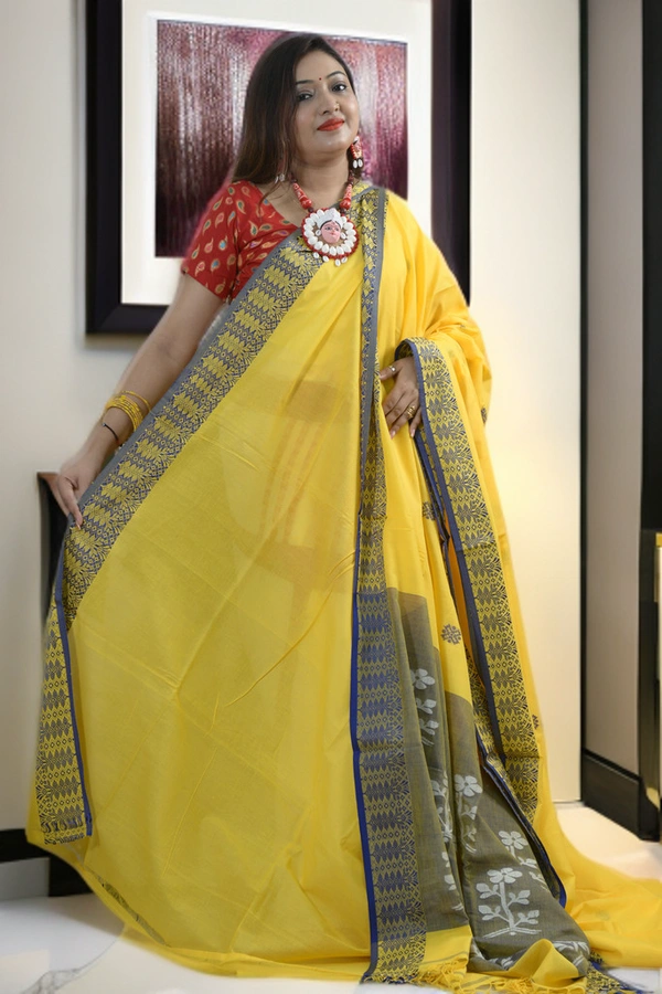 SKU0386 : Pure Khadi Cotton Saree – Handwoven, Lightweight & Breathable Fabric  - Normal Length 6.3 mtr Plus, Yellow, Buti / Booti, Hand Wash, Yes