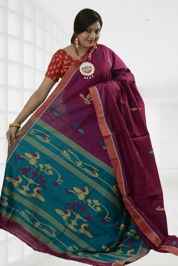 SKU0438 :   Elegant Poly Cotton Saree – Lightweight & Comfortable Daily Wear  - Normal Length 6.3 mtr Plus, Maroon, Buti / Booti, Dry Clean Only, Yes