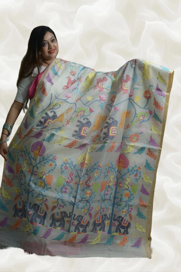 SKU-0440, Moslin->With Blouse Piece - Normal Length 6.5 mtr, Offwhite, Abstract, Dry Clean Only, Yes