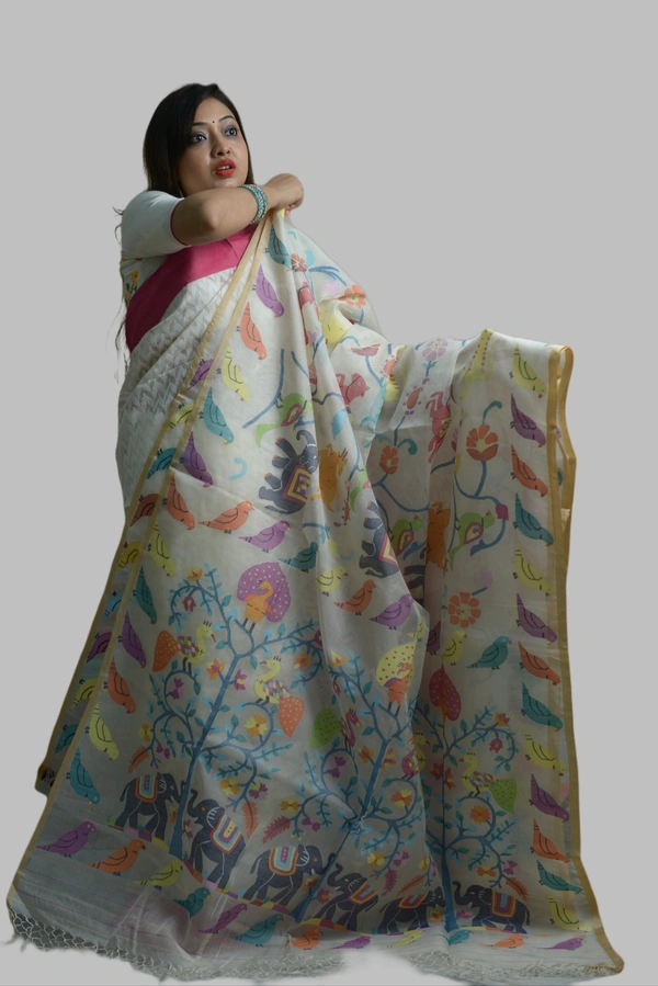 SKU-0440, Moslin->With Blouse Piece - Normal Length 6.5 mtr, Offwhite, Abstract, Dry Clean Only, Yes