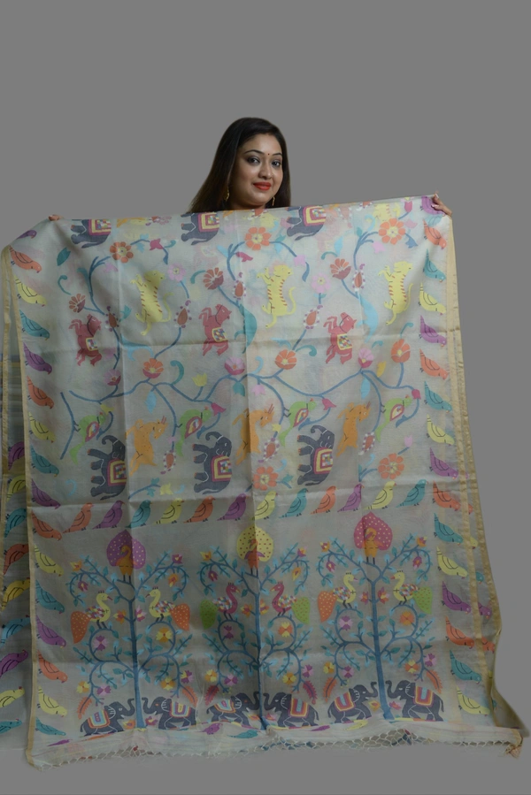 SKU-0440, Moslin->With Blouse Piece - Normal Length 6.5 mtr, Offwhite, Abstract, Dry Clean Only, Yes