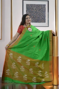 SKU0387 : Pure Khadi Cotton Saree – Handwoven, Lightweight & Breathable Fabric  - Normal Length 6.3 mtr Plus, Green, Buti / Booti, Hand Wash, Yes