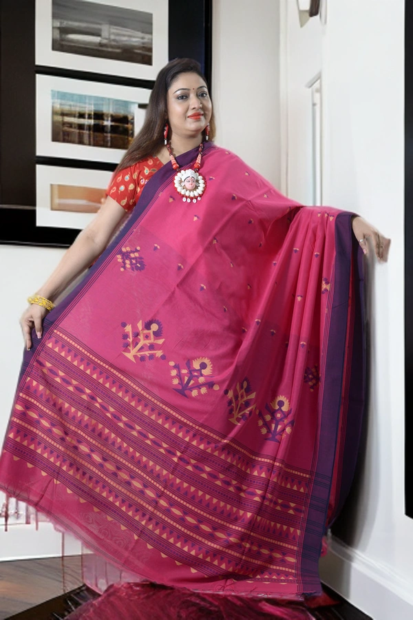 SKU0388 : Pure Khadi Cotton Saree – Handwoven, Lightweight & Breathable Fabric  - Normal Length 6.3 mtr Plus, Rani, Buti / Booti, Hand Wash, Yes