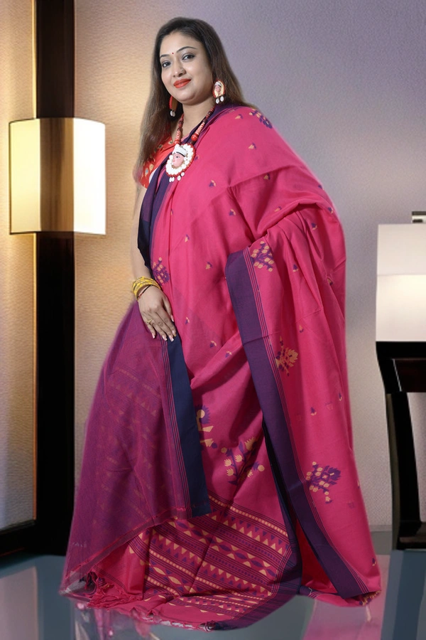 SKU0388 : Pure Khadi Cotton Saree – Handwoven, Lightweight & Breathable Fabric  - Normal Length 6.3 mtr Plus, Rani, Buti / Booti, Hand Wash, Yes