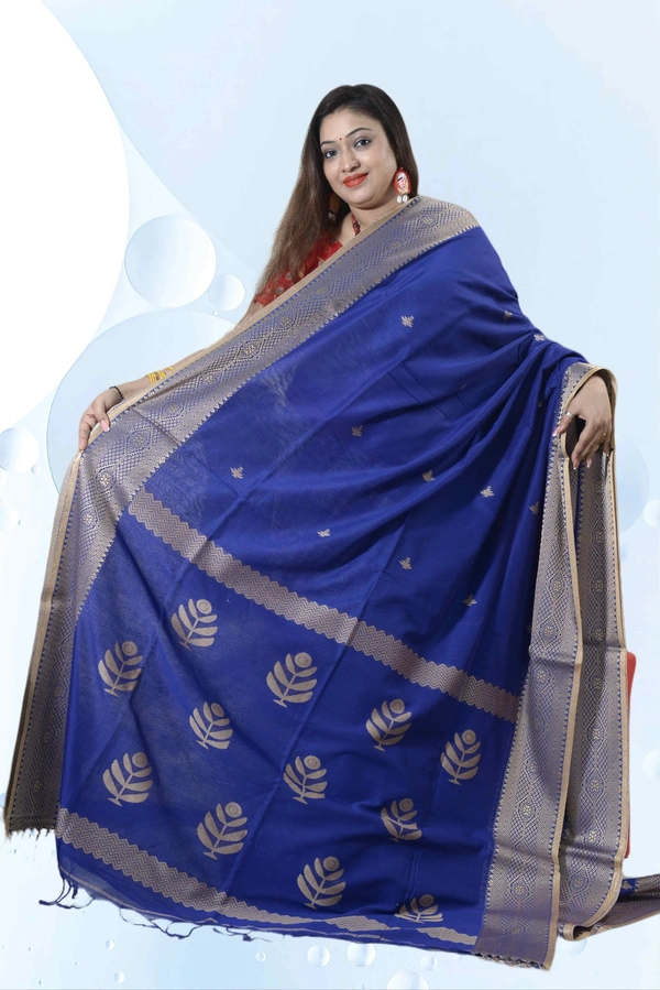 SKU0390 : Pure Khadi Cotton Saree – Handwoven, Lightweight & Breathable Fabric  - Normal Length 6.3 mtr Plus, Blue, Buti / Booti, Hand Wash, Yes