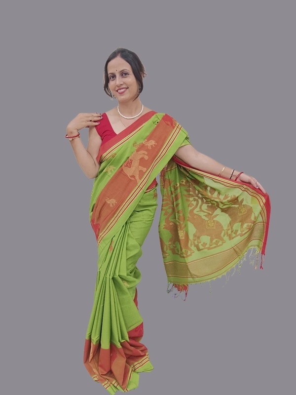 SKU0690 : Pure Khadi Cotton Saree – Handwoven, Lightweight & Breathable Fabric - Hand Wash, Yes