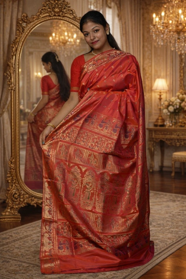 SKU0461 : Pure Swarnachari Mulberry Silk Saree – Krishna Lila Motif | Handwoven Elegance - Swarnachari, Dry Clean Only, Yes