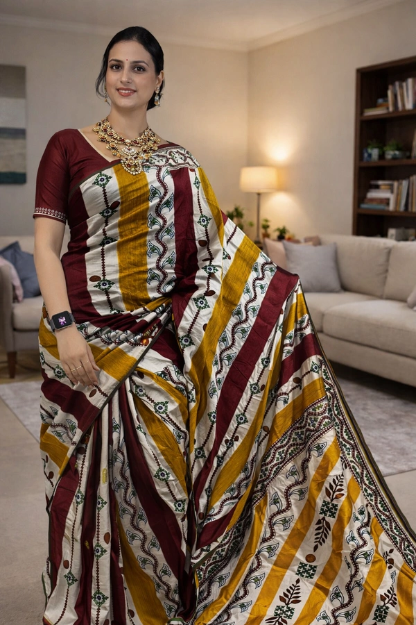SKU1513 : Ketia Tussar Silk with Traditional Gujarati Handwork | Elegant Festive & Wedding Wear Saree
