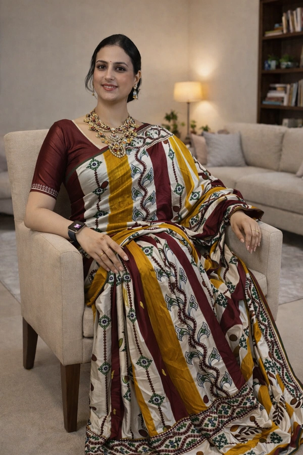 SKU1513 : Ketia Tussar Silk with Traditional Gujarati Handwork | Elegant Festive & Wedding Wear Saree
