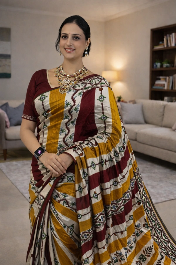 SKU1513 : Ketia Tussar Silk with Traditional Gujarati Handwork | Elegant Festive & Wedding Wear Saree