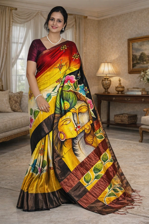 SKU1519 : Pure Tussar Silk Saree with Gujrati Work - Acid Painting