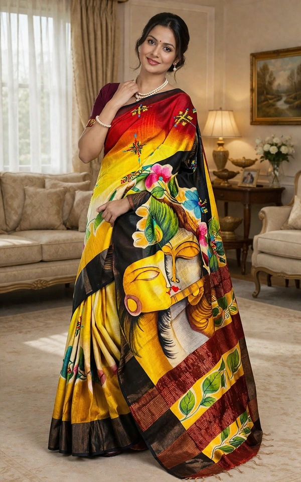 SKU1519 : Pure Tussar Silk Saree with Gujrati Work - Acid Painting