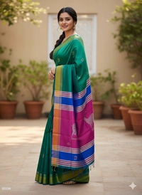 SKU1004 | Exclusive Indian Soft Bishnupuri Katan Silk Saree | Kolakhetra Saree | Premium Quality - Dry Wash Only, Yes