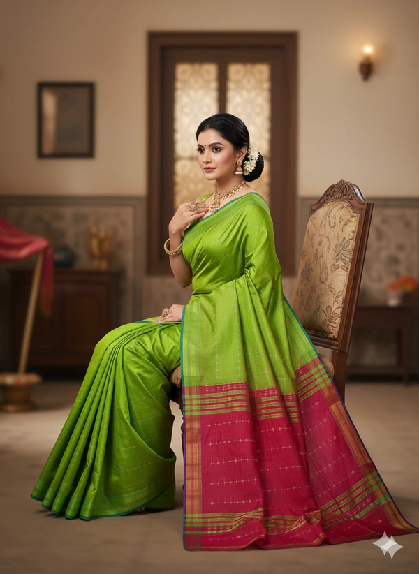 SKU1006 | Exclusive Indian Soft Bishnupuri Katan Silk Saree | Kolakhetra Saree | All Over Chain Motif - Dry Wash Only, Yes