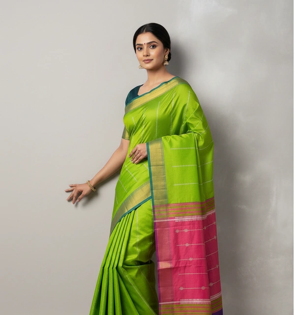 SKU1009 | Exclusive Indian Soft Bishnupuri Katan Silk Saree | Kolakhetra Saree | All Over Chain Motif - Dry Wash Only, Yes