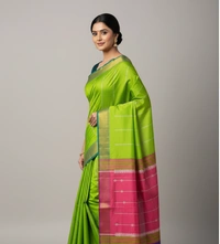 SKU1009 | Exclusive Indian Soft Bishnupuri Katan Silk Saree | Kolakhetra Saree | All Over Chain Motif - Dry Wash Only, Yes