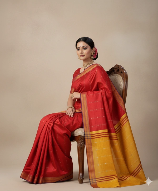 SKU1010 | Exclusive Indian Soft Bishnupuri Katan Silk Saree | Kolakhetra Saree | All Over Chain Motif - Dry Wash Only, Yes