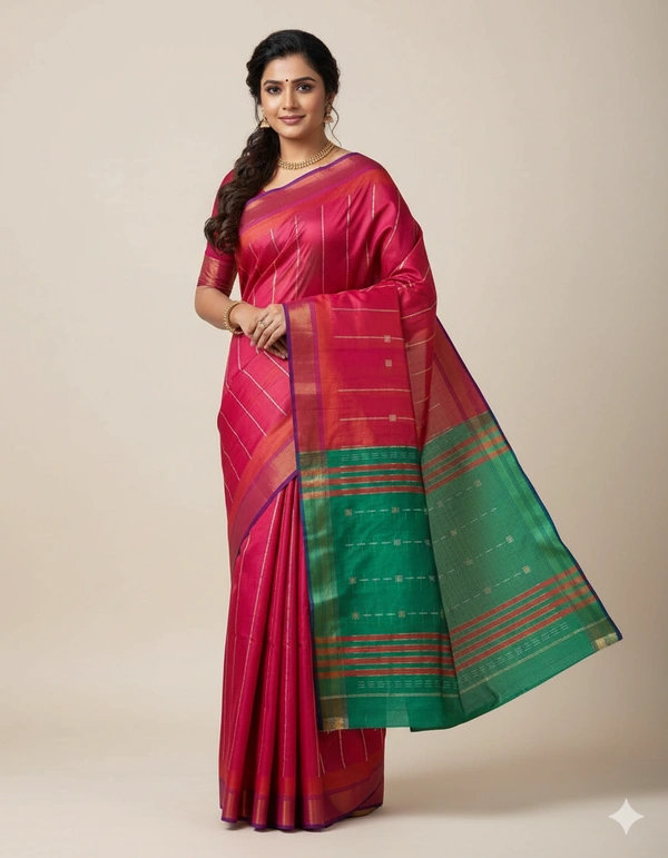 SKU1011 | Exclusive Indian Soft Bishnupuri Katan Silk Saree | Kolakhetra Saree | All Over Chain Motif - Dry Wash Only, Yes