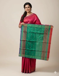 SKU1011 | Exclusive Indian Soft Bishnupuri Katan Silk Saree | Kolakhetra Saree | All Over Chain Motif - Dry Wash Only, Yes