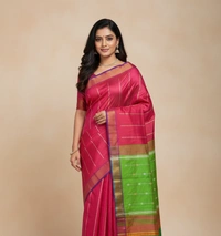 SKU1014 | Exclusive Indian Soft Bishnupuri Katan Silk Saree | Kolakhetra Saree | All Over Chain Motif - Dry Wash Only, Yes