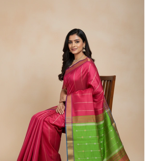 SKU1014 | Exclusive Indian Soft Bishnupuri Katan Silk Saree | Kolakhetra Saree | All Over Chain Motif - Dry Wash Only, Yes