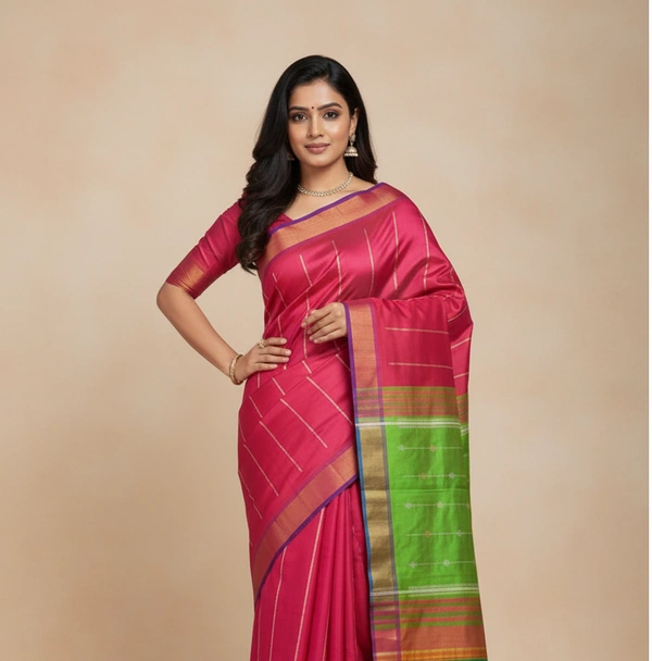 SKU1014 | Exclusive Indian Soft Bishnupuri Katan Silk Saree | Kolakhetra Saree | All Over Chain Motif - Dry Wash Only, Yes