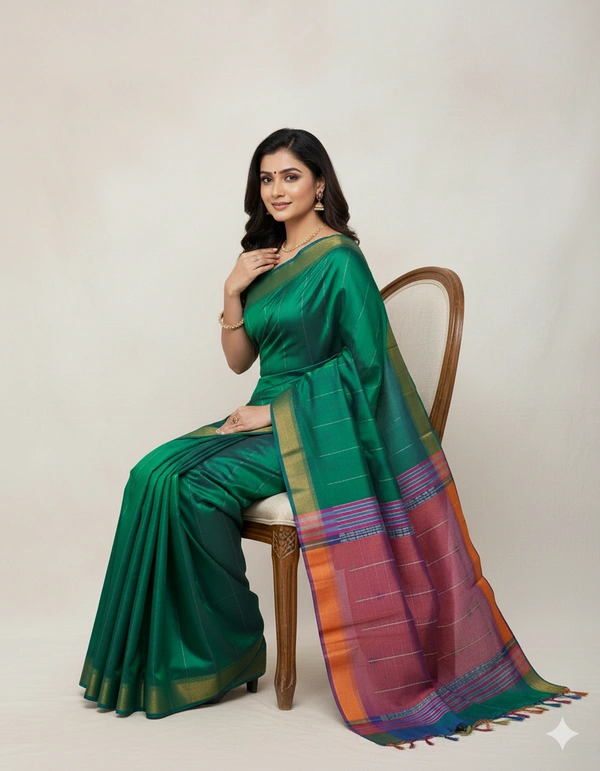 SKU1015 | Exclusive Indian Soft Bishnupuri Katan Silk Saree | Kolakhetra Saree | All Over Chain Motif - Dry Wash Only, Yes