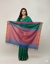 SKU1015 | Exclusive Indian Soft Bishnupuri Katan Silk Saree | Kolakhetra Saree | All Over Chain Motif - Dry Wash Only, Yes
