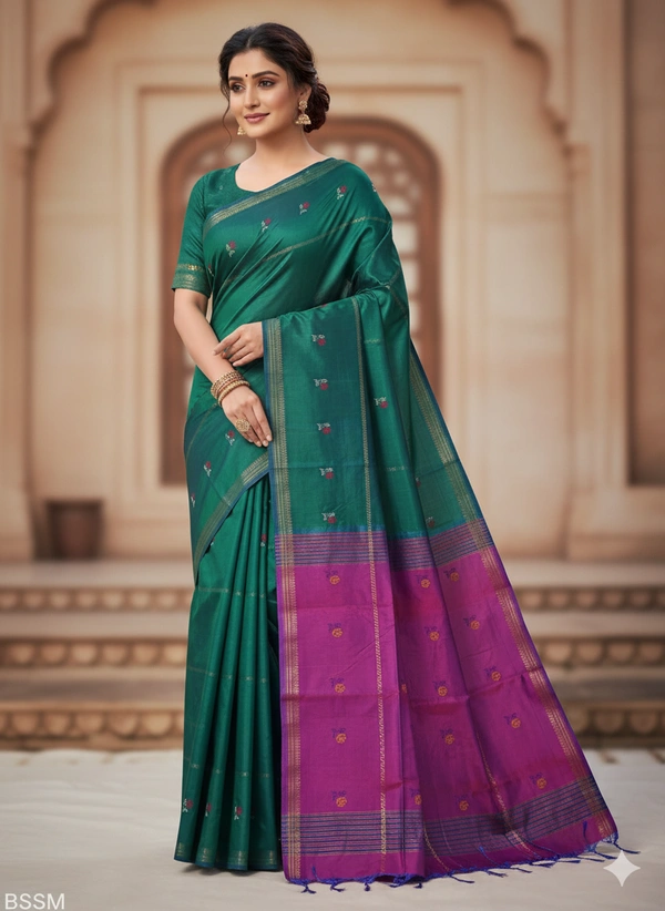SKU1039 | Exclusive Indian Soft Bishnupuri Katan Silk Saree | Kolakhetra Saree | All Over Chain Motif - Dry Wash Only, Yes