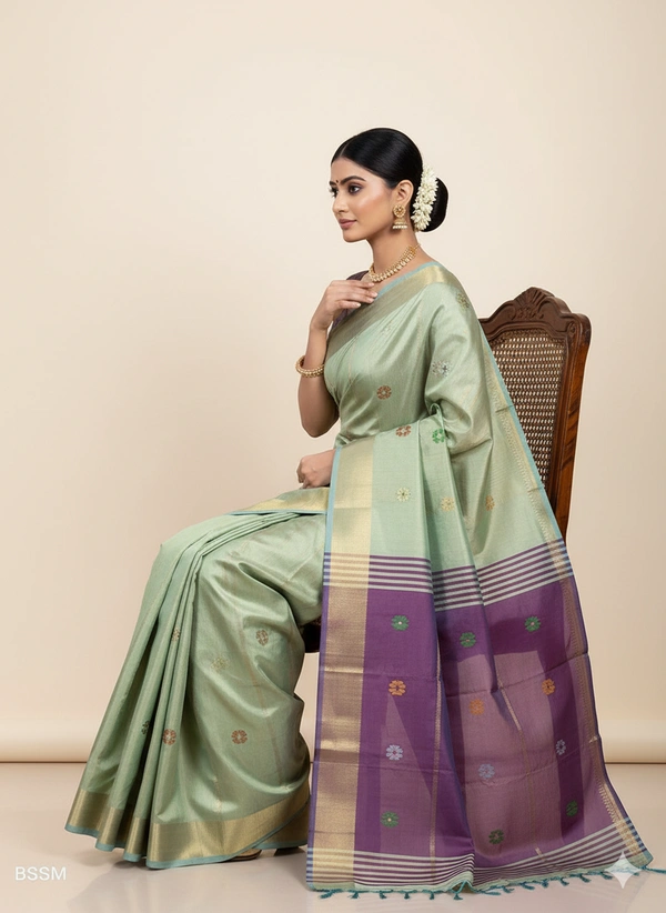 SKU1041 | Exclusive Indian Soft Bishnupuri Katan Silk Saree | Kolakhetra Saree | All Over Chain Motif - Dry Wash Only, Yes
