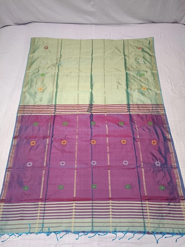 SKU1041 | Exclusive Indian Soft Bishnupuri Katan Silk Saree | Kolakhetra Saree | All Over Chain Motif - Dry Wash Only, Yes