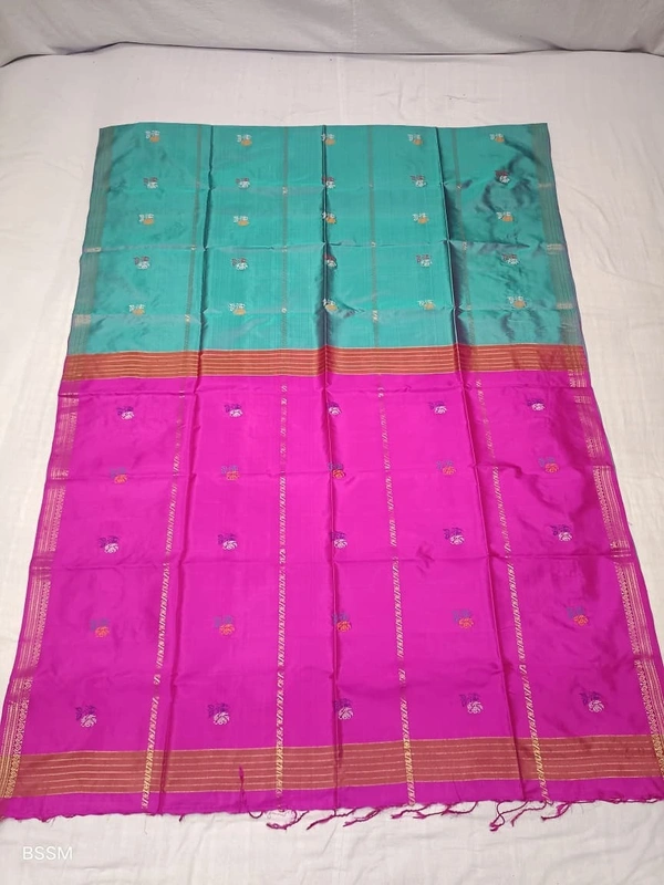 SKU1042 | Exclusive Indian Soft Bishnupuri Katan Silk Saree | Kolakhetra Saree | All Over Chain Motif - Dry Wash Only, Yes