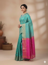 SKU1042 | Exclusive Indian Soft Bishnupuri Katan Silk Saree | Kolakhetra Saree | All Over Chain Motif - Dry Wash Only, Yes