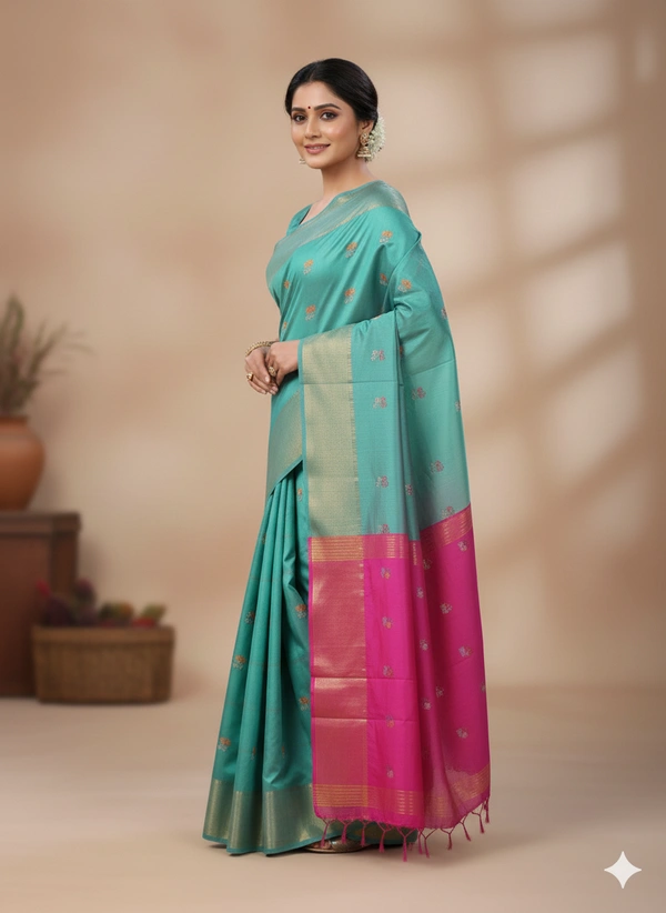 SKU1042 | Exclusive Indian Soft Bishnupuri Katan Silk Saree | Kolakhetra Saree | All Over Chain Motif - Dry Wash Only, Yes