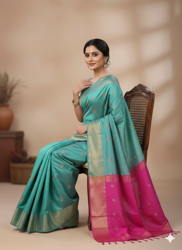 SKU1042 | Exclusive Indian Soft Bishnupuri Katan Silk Saree | Kolakhetra Saree | All Over Chain Motif - Dry Wash Only, Yes