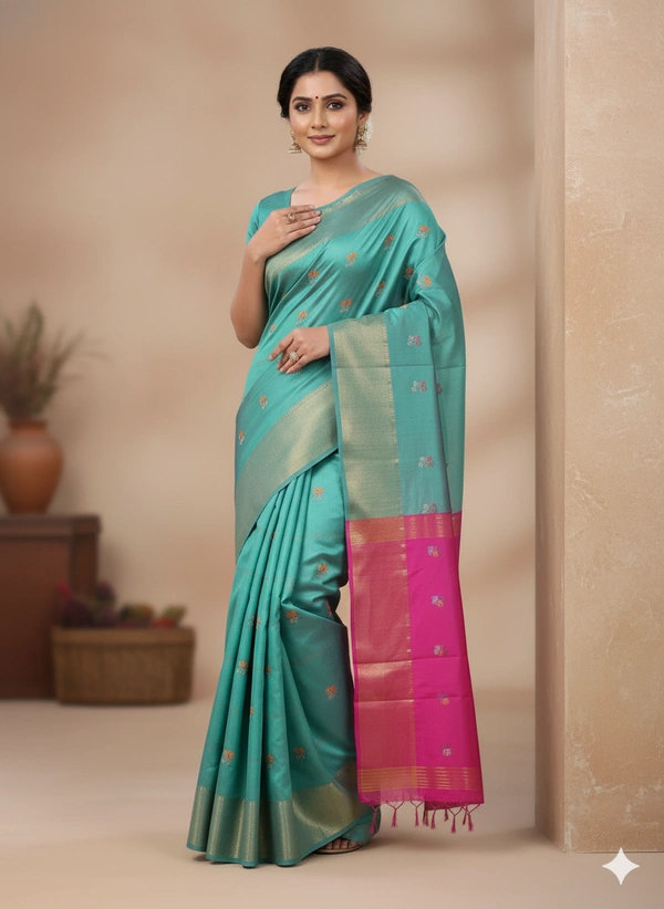 SKU1042 | Exclusive Indian Soft Bishnupuri Katan Silk Saree | Kolakhetra Saree | All Over Chain Motif - Dry Wash Only, Yes
