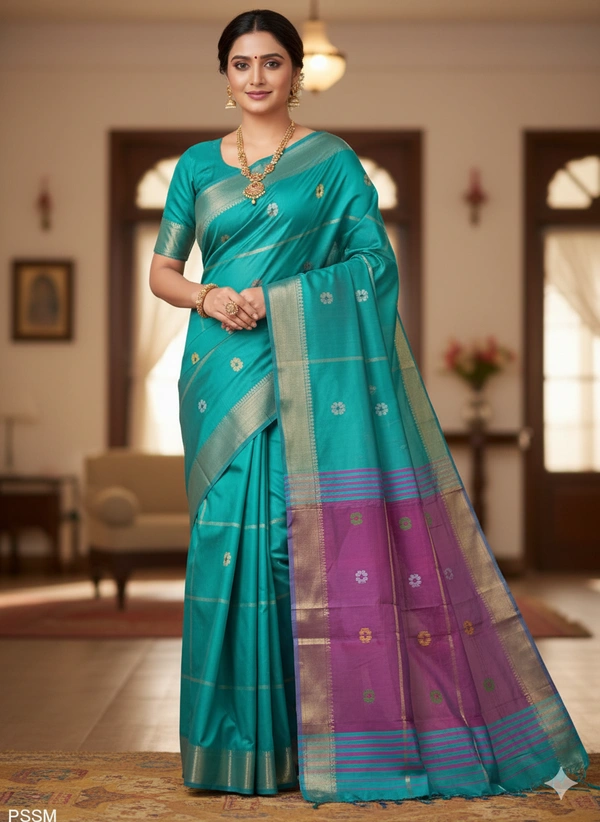 SKU1045 | Exclusive Indian Soft Bishnupuri Katan Silk Saree | Kolakhetra Saree | All Over Chain Motif - Dry Wash Only, Yes