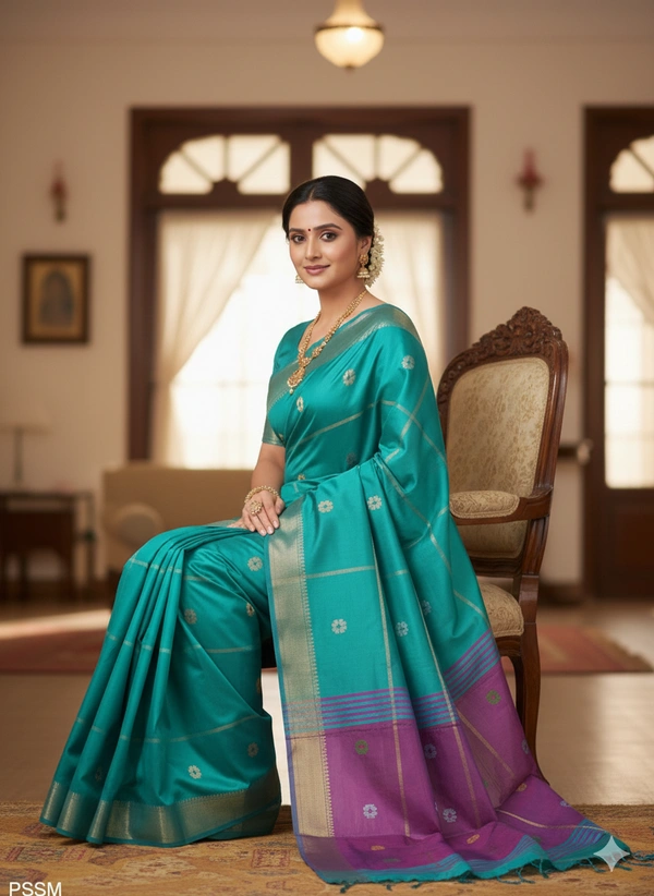 SKU1045 | Exclusive Indian Soft Bishnupuri Katan Silk Saree | Kolakhetra Saree | All Over Chain Motif - Dry Wash Only, Yes