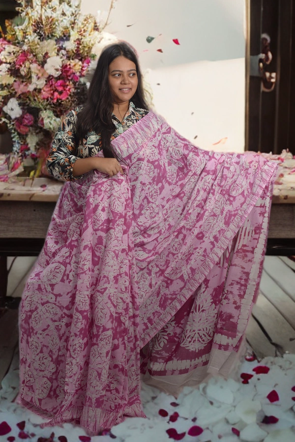 SKU0333 :  Pure Khadi Cotton Saree – Handwoven, Screen Print, Lightweight & Breathable Fabric | Ajrakh  - Pink, Ajrakh, Screen Print, All, No