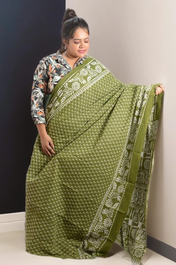 SKU0344 : Pure Khadi Cotton Saree – Handwoven, Screen Print, Lightweight & Breathable Fabric | Buti - Buti / Booti, Screen Print, All, No