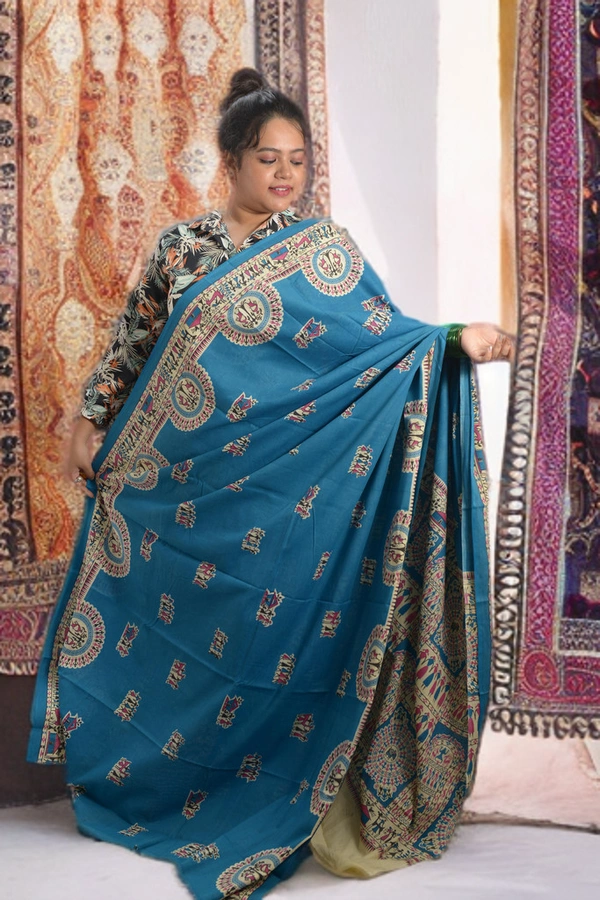 SKU0345 :  Pure Khadi Cotton Saree – Handwoven, Screen Print, Lightweight & Breathable Fabric | Madhubani - Madhubani / Warli, Geometric Print, All, No